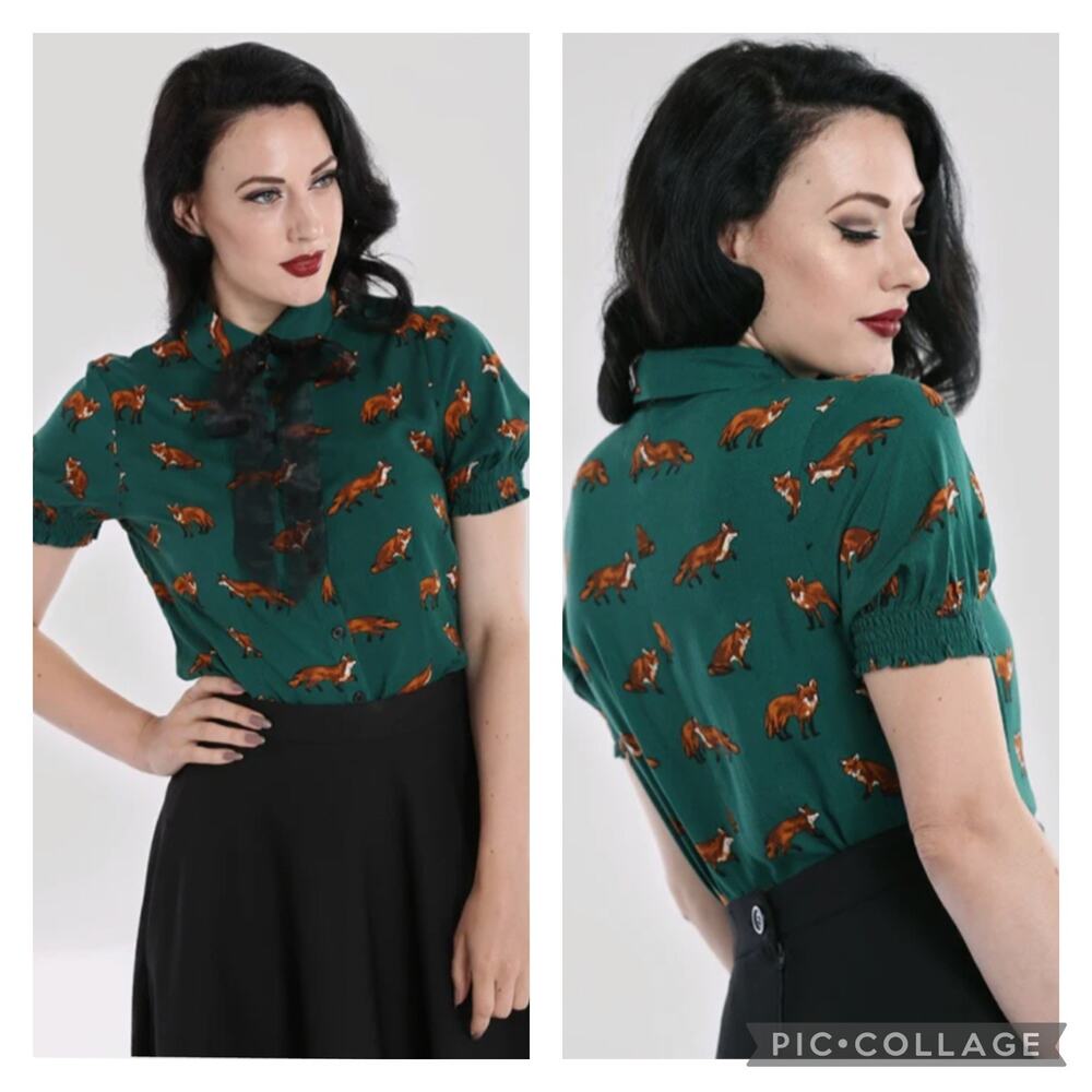 Hell Bunny Vixey Blouse Dark Green Fox Print Plus Size 2X